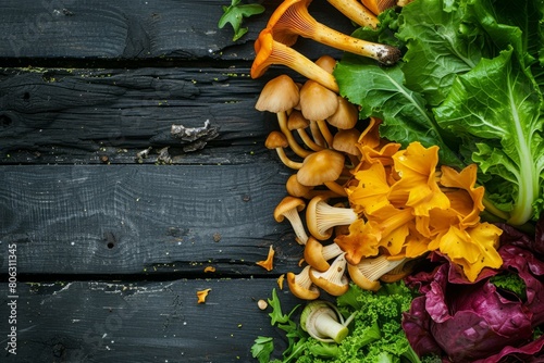 chanterelle mushrooms with autumn leaves on a wooden background