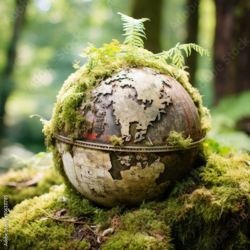 Vintage globe covered with moss in the middle of a forest