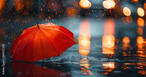 The red umbrella is placed on the ground, and heavy rain falls from above.