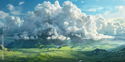 Fantasy landscape with green mountains and clouds