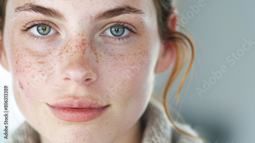  Close-up portrait of beautiful blue eyed girl with freckles on a white background. 