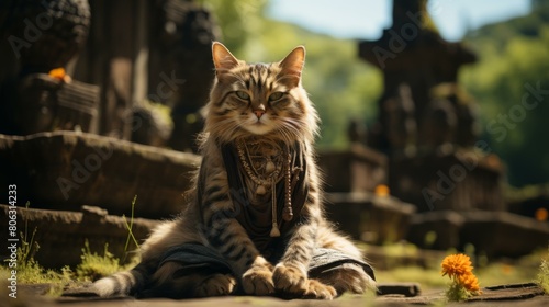 A ginger cat sits on the ground in front of a temple.