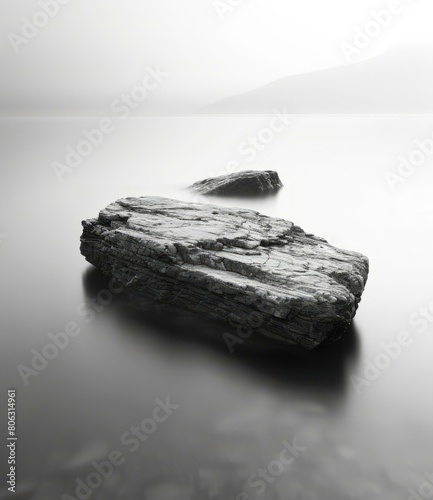Black and white photo of a large rock in the middle of a lake with a mountain in the distance