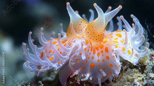 A white and orange-dotted nudibranch with white cerata