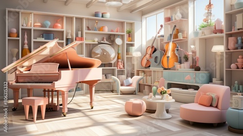 Pink and White Themed Living Room With Piano