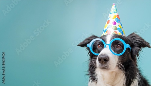 happy birthday party concept funny cute dog border collie wearing birthday silly hat and eyeglasses isolated on one color background pet dog on birthday day and copy space generative ai