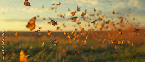Stunning monarch butterflies migrate gracefully across the sky in a magnificent and colorful display.