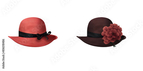 set of stylish women derby floppy hats and top hat in different colors and formal style decorated with flowers isolated on a white transparent background