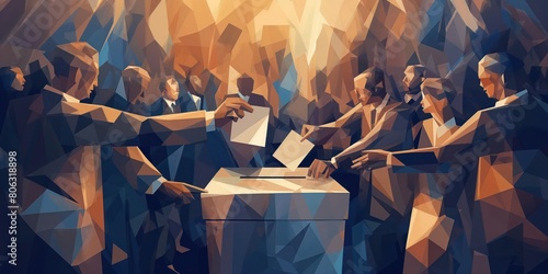 Referendum and direct democracy concept illustration. People gathered in the polling station, standing around the ballot box and casting their votes. In the style of geometric patterns