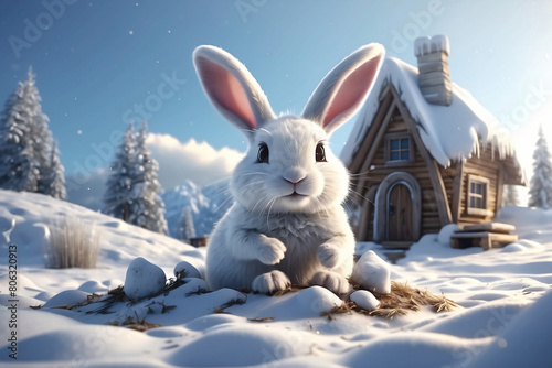 Cute white rabbit playing outdoors in winter