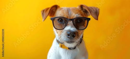 Jack Russell Terrier wearing large glasses against yellow background. Cheerful dog with eyewear, showcasing intelligence. Concept of pet fashion, smart animals, quirky pet portrait. Banner