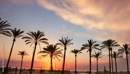 silhouette of palm trees on sunset sky background