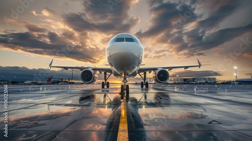 Airplane facing the camera on a reflective wet runway with dramatic sunset and clouds in the background, signifying travel and transportation