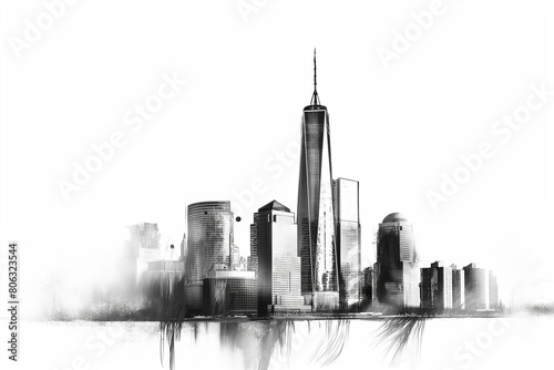 Black and white line drawing illustration of One World Trade Center in New York 