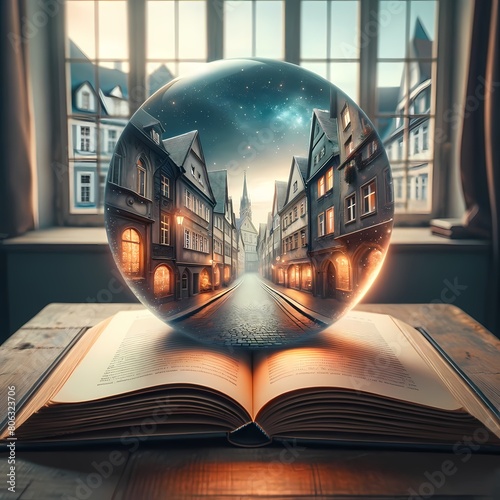 A surreal, cinematic image of an open book with visible text.