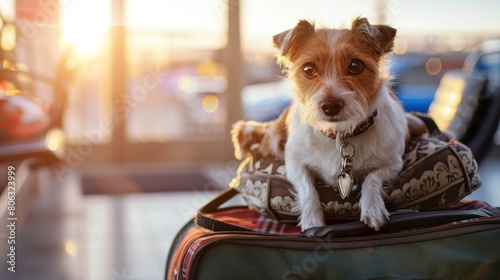 Small dog in travel bag at airport. Pet travel and transportation concept. Travel with pets for design and print. Indoor shot with backlight