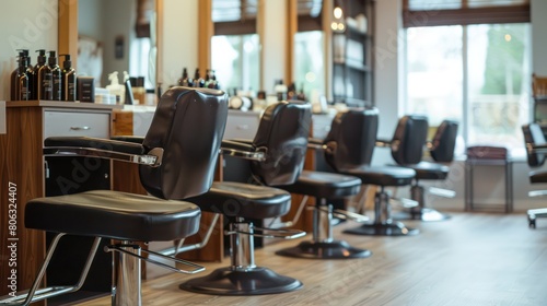 A row of professional barber chairs in front of wooden counters with various hair care products