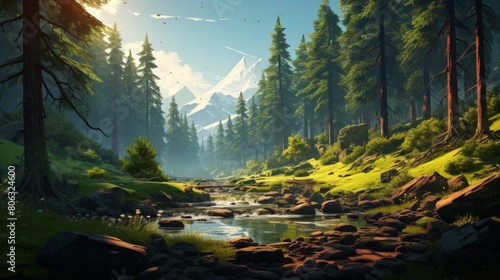 A painting depicting a lush forest with a tranquil stream flowing through it, surrounded by vibrant green trees and colorful wildlife