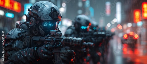 Futuristic soldiers in rain-drenched gear, equipped with advanced armor and weaponry