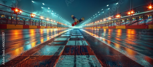 drag racing scene at night with racing lights reflecting on a wet track, creating a vibrant and dynamic atmosphere