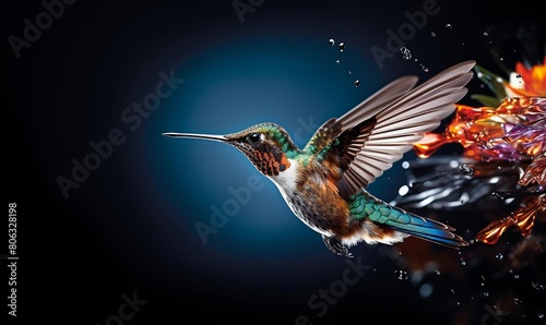 Vibrant hummingbird with iridescent feathers is captured in stunning detail midflight, with water droplets creating a dramatic backlight effect against a dark, blurred background