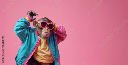 monkey dressed in 80s style clothes and dancing on pink background