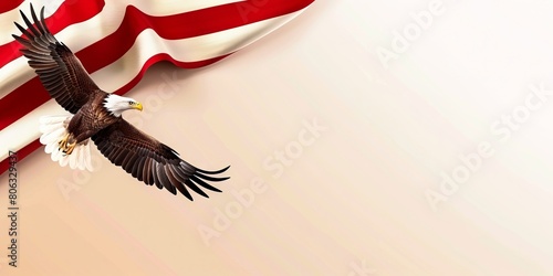 Bald eagle flying over american flag.