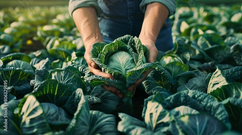 A man holding a cabbage in a field.