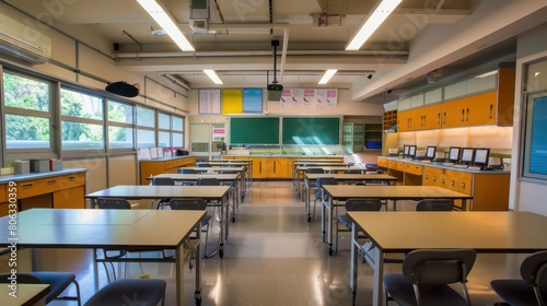 An inviting empty classroom with bright natural light reflecting a modern and clean educational space