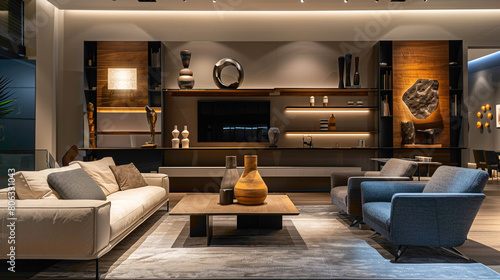 A modern living room exuding sophistication, highlighted by a striking wood floating shelf displaying a collection of sculptures and designer vases, surrounded by chic furniture and statement