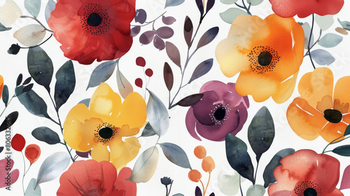 Vibrant Field of Colorful Watercolor Flowers Scattered on Canvas