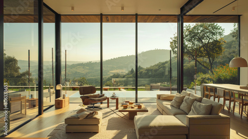 A modernist villa with floor-to-ceiling windows, set agnst a backdrop of rolling hills