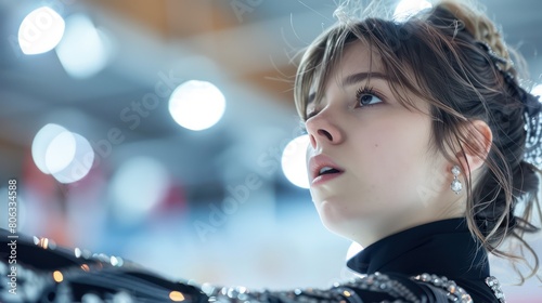 An athlete in a stylish grey costume captured in a mid-performance pose on the ice rink, grace and focus apparent