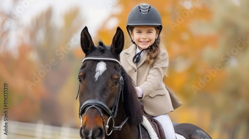 Cheerful young equestrian student wearing riding helmet riding horse, smiling at camera in lesson
