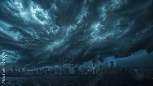 An intense, moody panorama of tumultuous storm clouds engulfing a city's skyline, portending a powerful storm