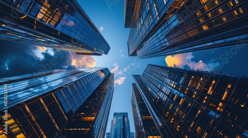 An immersive look up perspective of towering skyscrapers in an urban setting, showcasing the dynamic of cityscape at twilight