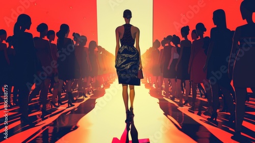 Show a fashion designer at a runway show, feeling like a pretender among her creations