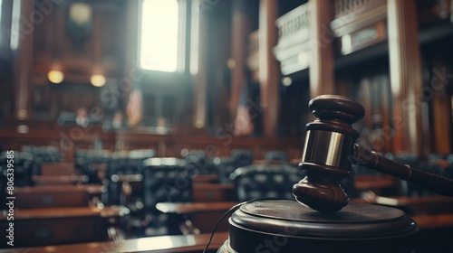 A focused image of a wooden gavel in a courtroom, symbolizing law enforcement and judicial authority