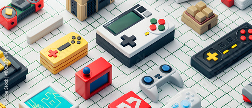 An array of colorful game controllers and consoles, blending retro designs with modern gaming technology on a grid background.