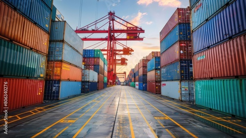 Clear day at a container terminal with an overhead crane moving vibrant red and blue containers