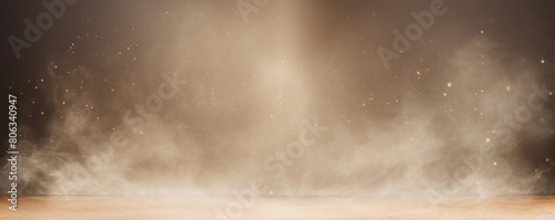 Beige smoke empty scene background with spotlights mist fog with gold glitter sparkle stage studio interior texture for display products blank 