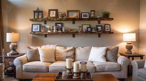 An inviting living room with a wood floating shelf serving as a focal point for displaying family photos and trinkets
