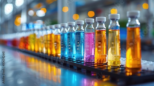 Vials of various colors and sizes in a laboratory setting. The vials are filled with different colored liquids.