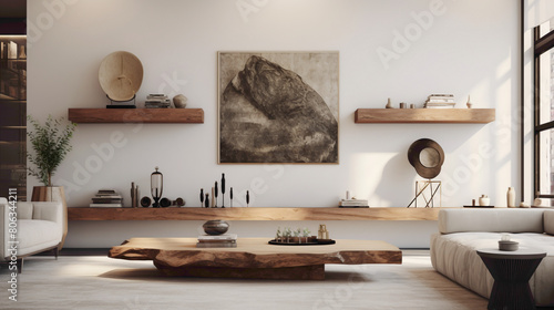 Discover the art of understated luxury in a modern living space, enhanced by a wood floating shelf adorned with carefully selected objects that evoke a sense of refined taste