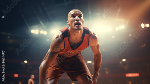 Dynamic scene of a multiethnic basketball player in action, executing a skillful slam dunk goal while dribbling past defenders, captured in cinematic clarity for a sports news channel.