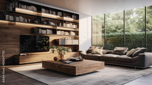 Step into a world of contemporary sophistication, where a wood floating shelf seamlessly integrates into the design of a chic living room, elevating the ambiance with its refined presence