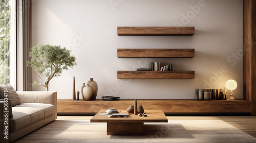 Step into a world of contemporary sophistication, where a wood floating shelf seamlessly integrates into the design of a chic living room, elevating the ambiance with its refined presence