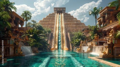 An Aztec pyramid with a slide made of gold into a pool made with Ai generative technology