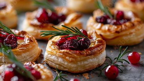 Cranberry and brie puff pastry bites garnished with fresh rosemary sprigs.
