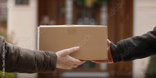 Detailed View of Cardboard Box Handover in Urban Setting